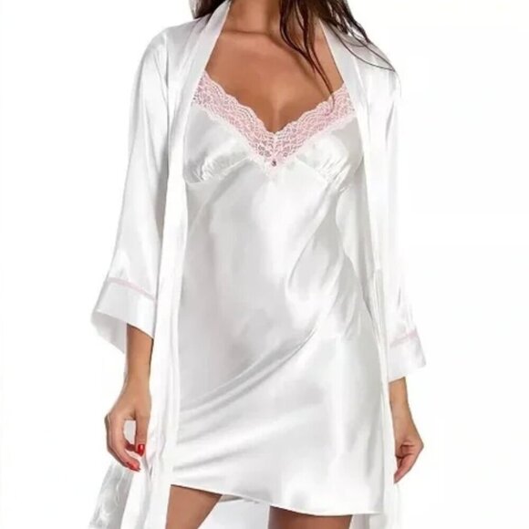 White and Pink Mrs. Robe with Chemise Set Size Medium Linea Donatella - Picture 4 of 14